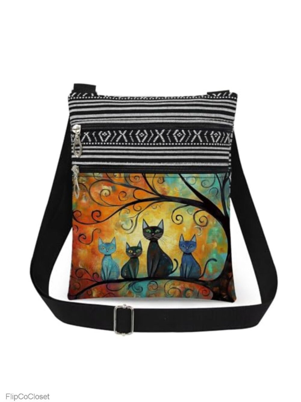 Polyester Cat Print Crossbody Bag Adjustable Strap Dual Pocket Sling